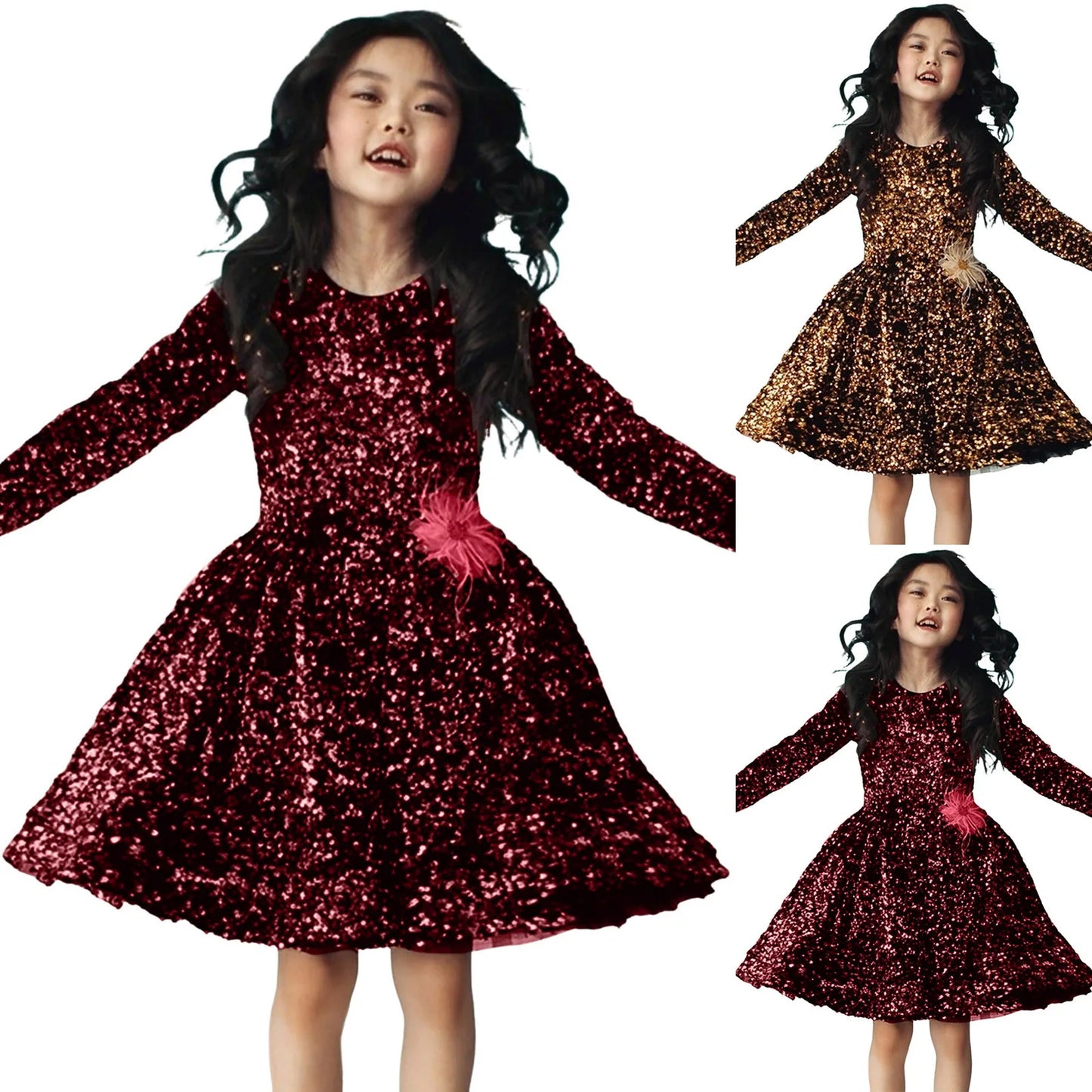 Baby Girls Sequins Formal Dress Long Sleeve Infant Toddler Child Vestidos Party Birthday Carnival Party Children Clothes 1-11Y