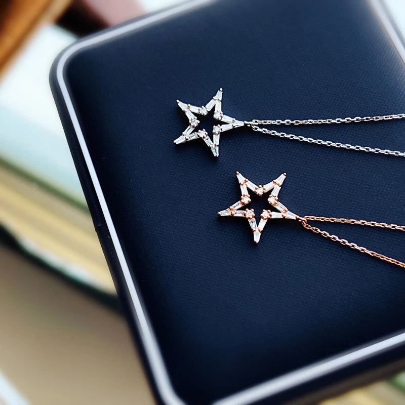 Aazuo 18K Solid White Gold Rose Gold Real Diamond Luxury Lovely Star Necklace With Chain Gift For Women Birthday Wedding Party