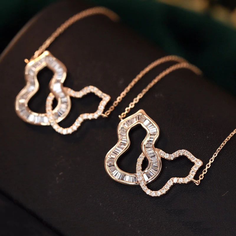 Aazuo 18K Solid Rose Gold Real Diamonds 0.55ct Luxury Double Gourds Necklace With Chain Gifted For Women Birthday Wedding Party