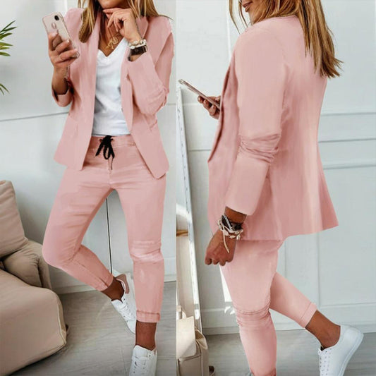 Women's Solid Color Long Sleeve Suit Set (BlzSuit) - Stylish Notch Lapel Blazer With Pockets & Drawstring Waist Pants, Spring&Fall Business Casual Outfit