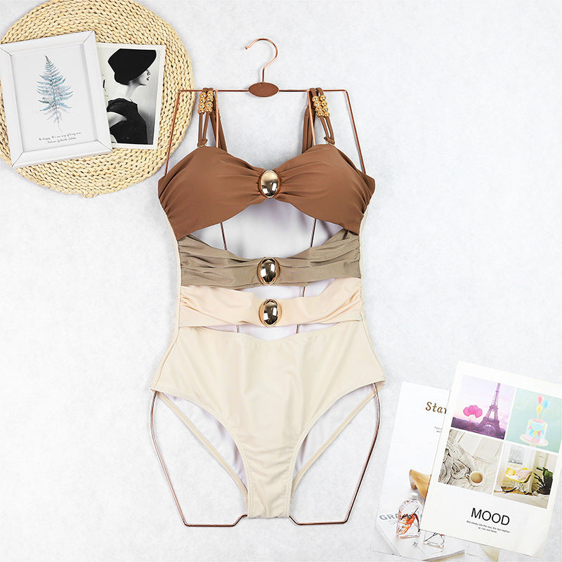 Women's Cut Out Colorblock One Piece Swimsuit Ruched Swimwear Bathing Suit With Removable Straps RSTOCK