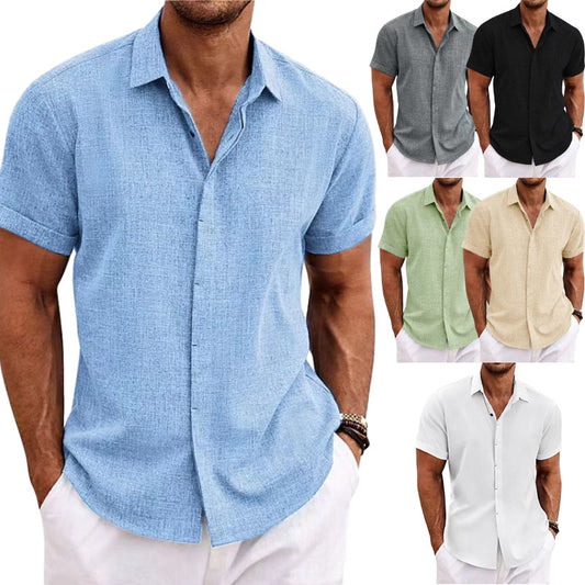 Men's Solid Color Loose Linen Short-sleeved T-shirt MSTOCK