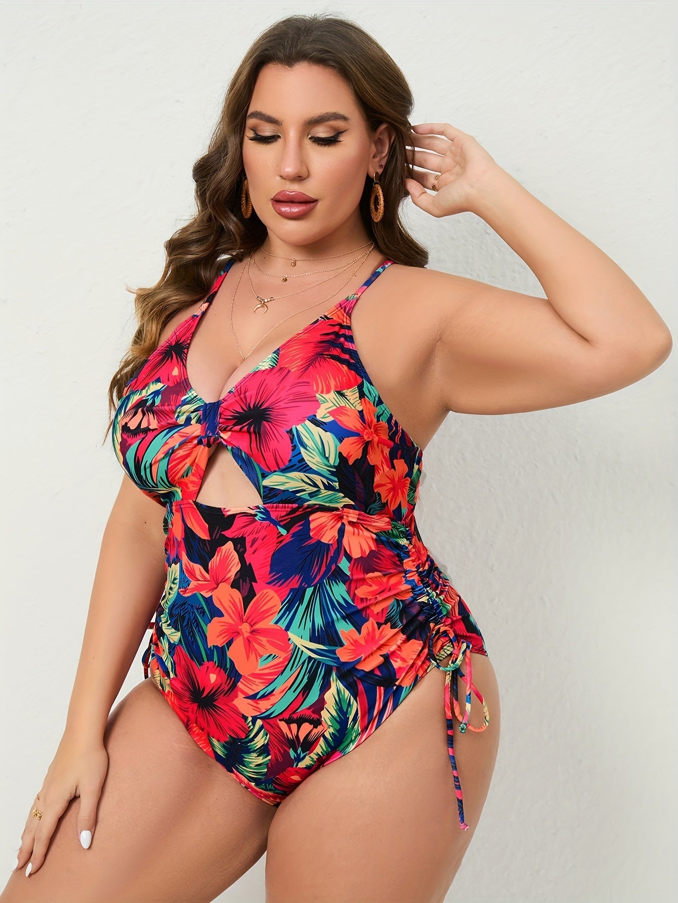 Women's Large-size One-piece Swimming Suit With Floral Print, One-piece Backless Sexy Drawstring Cross Swimwear RSTOCK