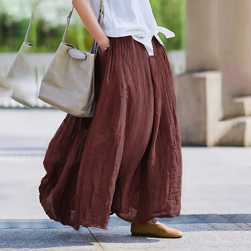 Women Bohemian Beach A-Line Dress Elastic Waist Flowy Long Maxi Skirt With Pockets RSTOCK