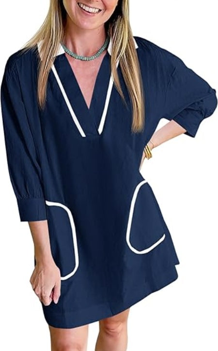 Saodimallsu Womens V Neck Swimwear Coverup Sleeve Collar Color Block Oversized Cover Ups Mini Beach Dress With Pockets RSTOCK