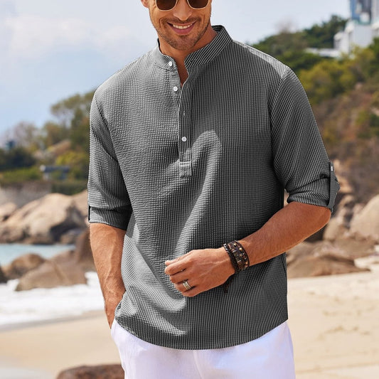 Men's Casual Shirt  Long Sleeve Stand Collar Solid Color Shirt Mens Clothing MSTOCK