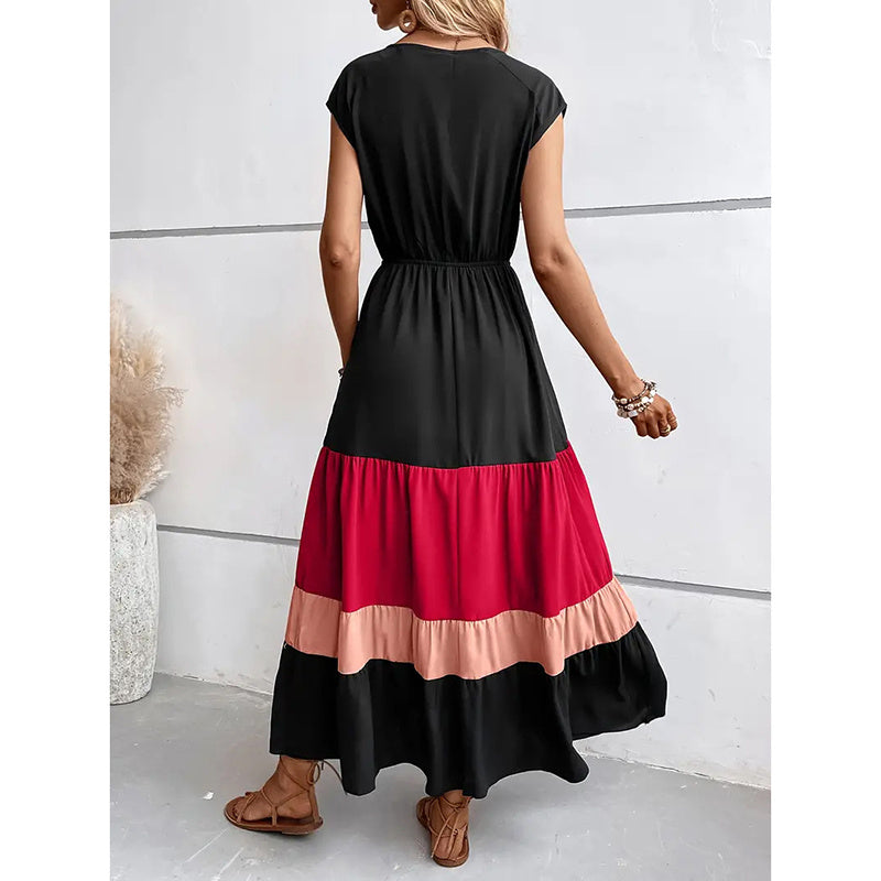 Women's Color Block Maxi Dresses V Neck Sleeveless Tiered Casual Dresses Loose Sundress RSTOCK