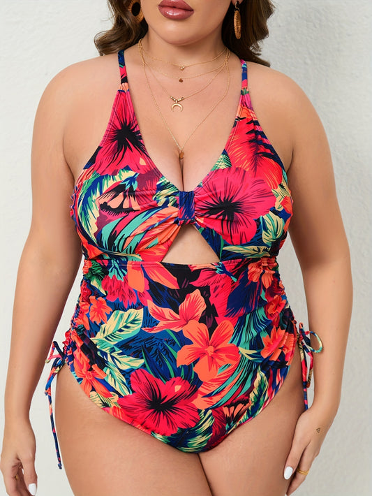 Women's Large-size One-piece Swimming Suit With Floral Print, One-piece Backless Sexy Drawstring Cross Swimwear RSTOCK