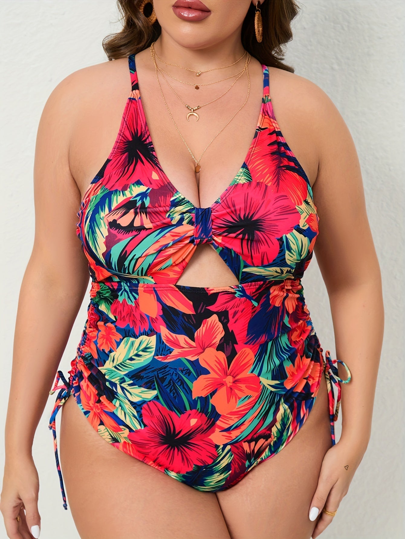 Women's Large-size One-piece Swimming Suit With Floral Print, One-piece Backless Sexy Drawstring Cross Swimwear RSTOCK
