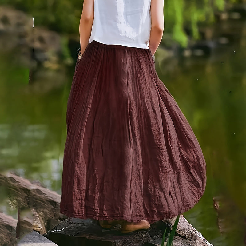 Women Bohemian Beach A-Line Dress Elastic Waist Flowy Long Maxi Skirt With Pockets RSTOCK