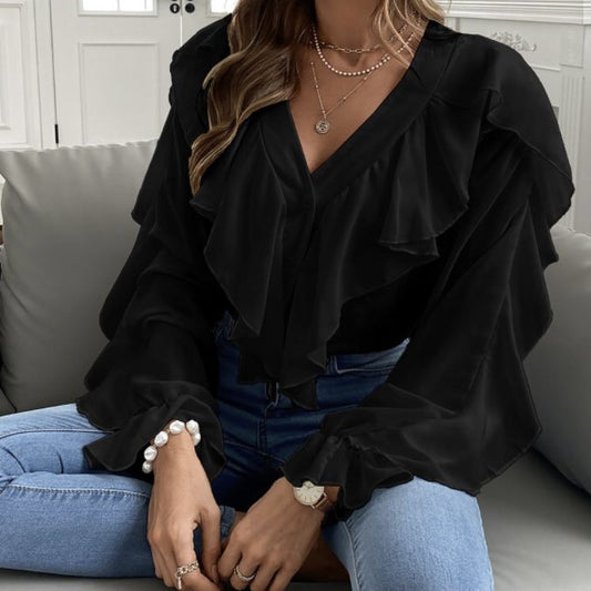Women's Summer Top Long Sleeved Blouse Fashionable Floral Ruffle V-neck Shirt Button Casual T-shirt
