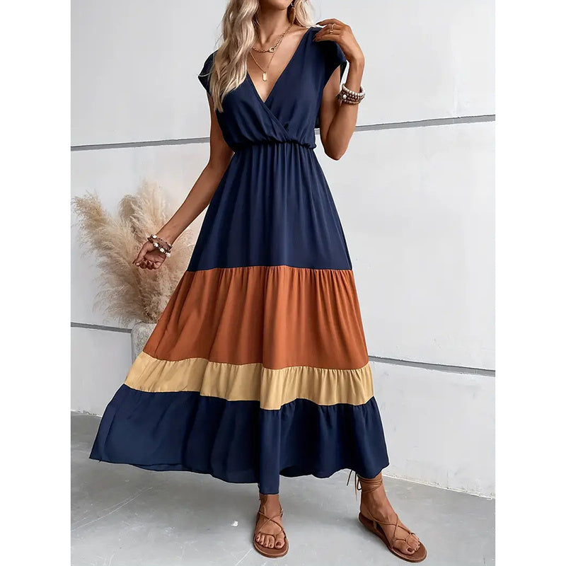 Women's Color Block Maxi Dresses V Neck Sleeveless Tiered Casual Dresses Loose Sundress RSTOCK