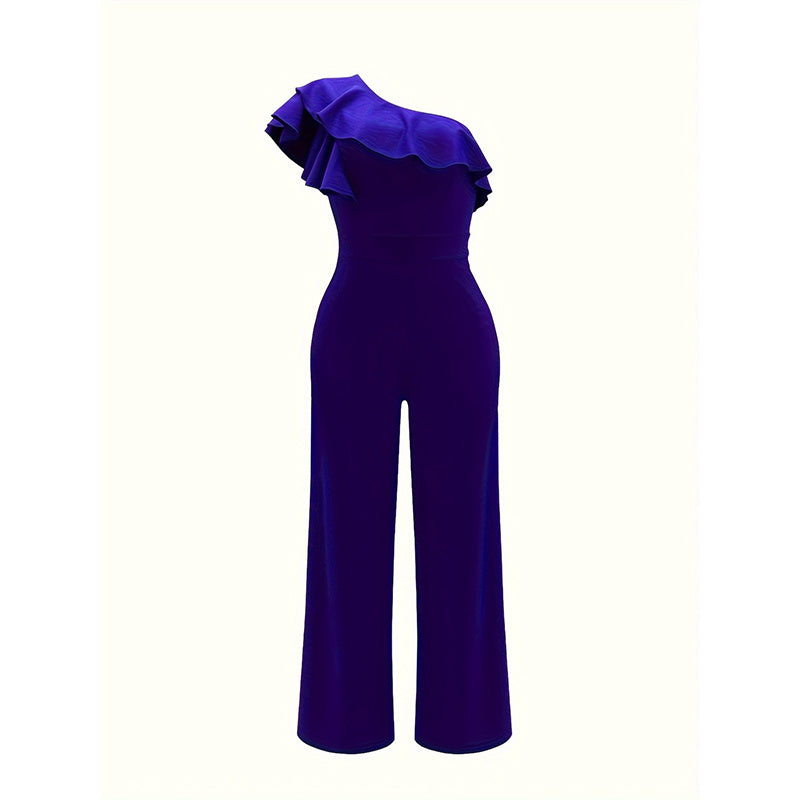 Women Summer Dressy Jumpsuits Sleeveless Ruffle One Shoulder Casual Wide Leg Pants Romper  RSTOCK